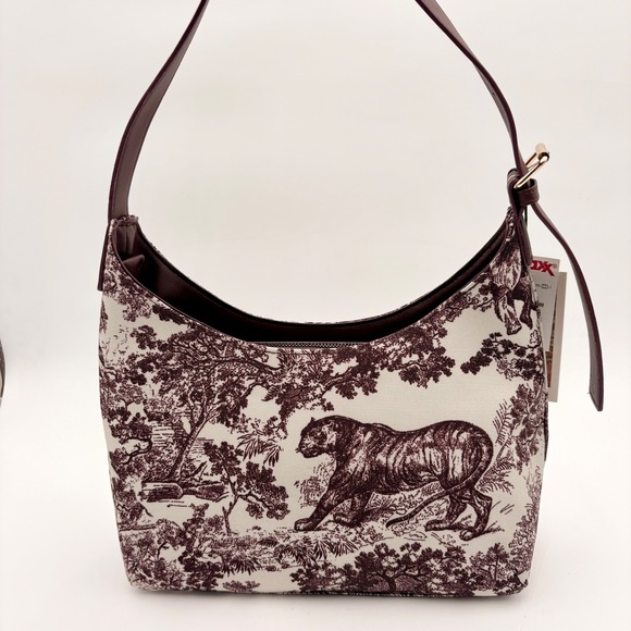 Sincerely Jules Shoulder Bag Toile Tiger Forest Print Burgundy Leather Trim